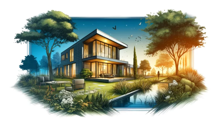 Panoramiczna ilustracja nowoczesnego domu o współczesnej architekturze, otoczonego spokojnym ogrodem. Dom prezentuje różnorodne style okien, które podkreślają jego nowoczesny design i funkcjonalność. Kompozycja obrazu akcentuje harmonię między nowoczesną strukturą a jej zielonym otoczeniem, podkreślając rolę okien w estetycznym wzbogacaniu wnętrza i eksteriera domu.